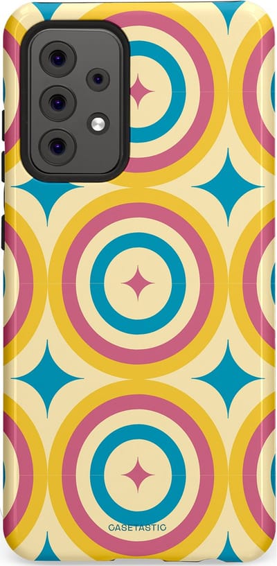 Casetastic hoesje geschikt voor Samsung Galaxy A52 (2021) 5G / Samsung Galaxy A52 (2021) 4G - Dubbellaagse bescherming - Swinging Retro Boogie Circles - Fashion Case - Crème Goud Lichtblauw Koraal