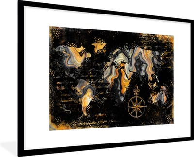 Poster in lijst - Fotolijst 120x80 cm - Posters - Wereldkaart - Marmer - Goud - Posterlijst zwart - Decoratie - Wanddecoratie woonkamer - Muurdecoratie slaapkamer