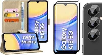 Hoesje geschikt voor Samsung Galaxy A15 - Screenprotector Volledig Dekkend Glas & Camera - Portemonnee Book Case Goud