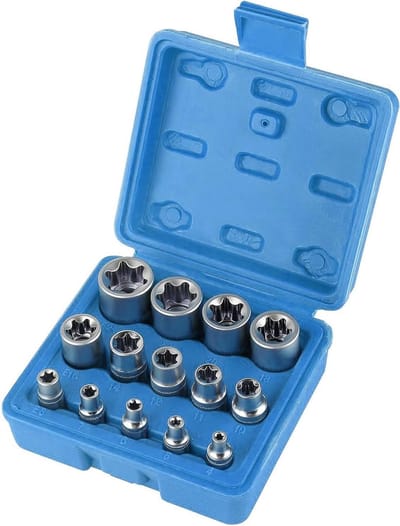 Complete Torx Steeksleutel Set van 14 Stukken met E4 tot E24, Inclusief 1/2 inch, 1/4 inch en 3/8 inch, Geleverd met Opbergdoos voor Gemakkelijk Gebruik