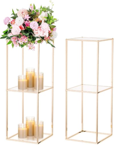 NUPTIO Gold Vase Centerpieces for Tables: 2 Pieces 80cm High Flower Stand With 2-Layer Acrylic Panel Metal Floor Geometric Column Vases for Wedding Centerpiece Birthday Party Decorations
