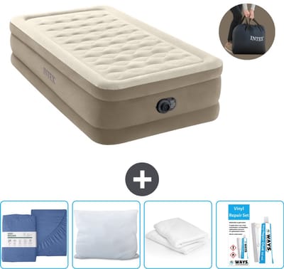 Intex Luchtbed - 1-Persoons - 99 x 191 x 46 cm - Beige - Inclusief pomp - Hoeslaken - Kussen - Reparatieset en Kussenbeschermer