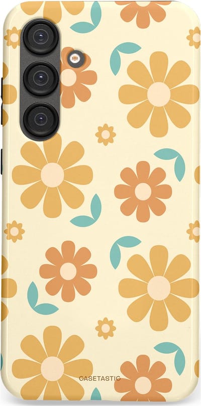 Casetastic hoesje geschikt voor Samsung Galaxy S25 Plus - Dubbellaagse bescherming - Flower power Retro Bloemen - Geel - Oranje - Blauw - Fashion Case - Crème Goud Perzik