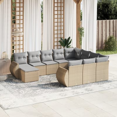 vidaXL - 11-delige - Tuinset - met - kussens - poly - rattan - beige