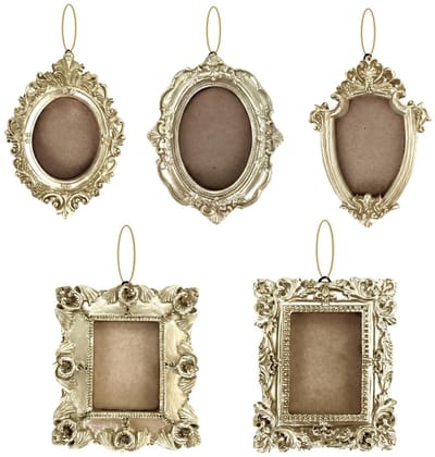 Dailygoods- Fotolijst Mini - 5 Stuks - Vintage Gouden Fotolijst - Barok Hangframe - Kunsthars - Elegante Uitstraling - Praktische Ophangring - Wandlijst