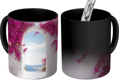 Magische Mok - Foto op Warmte Mokken - Koffiemok - Zee - Roze - Bloemen - Poort - Magic Mok - Beker - 350 ML - Theemok