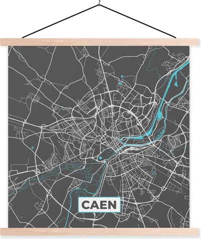 Posterhanger incl. Poster 40x40 cm - Schoolplaat - Caen - Frankrijk - Plattegrond - Kaart - Stadskaart - Textielposter - Blanke latten - Stadskaart