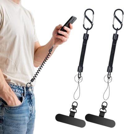 SnelShoppen - Set van 2 Antidiefstal Telefoon Lanyard met Uittrekbare Kabel, Sleutelhanger met Carabiner Ideaal voor Wandelen en Reizen (Zwart)