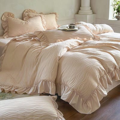Franse Prinsessenstijl Kant Ruches Huwelijks Beddengoedset Gewassen Katoen Zacht Dekbedovertrek Laken/Hoeslaken Kussenslopen 4-delig Flat Bed Sheet&Queen size 4 pcs kaki