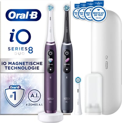 Oral-B iO 8 - Paars En Zwart - Elektrische Tandenborstels - Duopack - Oplaadstation - Inclusief reisetui