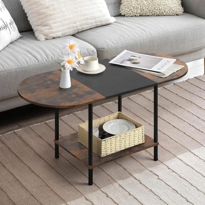 Salontafels voor woonkamer, 2-laags kleine salontafel boerderij ovale middentafel met opbergplank en houten tafelblad, voor kleine ruimte, thuiskantoor, zwart en bruin