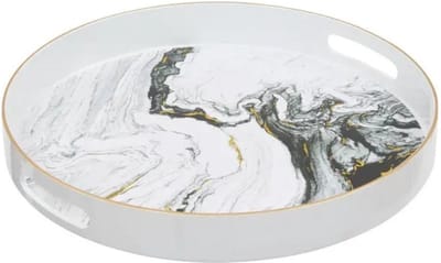 5Five Dienblad Milano Marble - kunststof - rond - D33 x H4 cm - wit- hoge opstaande rand - voor glazen en kopjes
