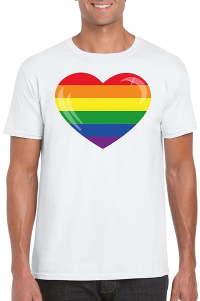 Gay pride t-shirt met Regenboog vlag in hart wit heren XL