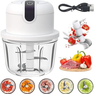 TIM® Hakmolen Elektrisch - Hakmolen Electrisch Met 3 Scherpe Messen - Oplaadbare Food Chopper - Mini Draagbare Keukenmachine – Groentesnijder – Wit - 11cm x 11cm x 14cm; 0.1 kg