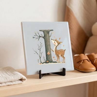 Tegeltje | Alfabet | Bosdiertjes | Baby | Letter I | Glans afwerking | Inclusief gratis standaard | 15 x 15 cm | Fotofabriek