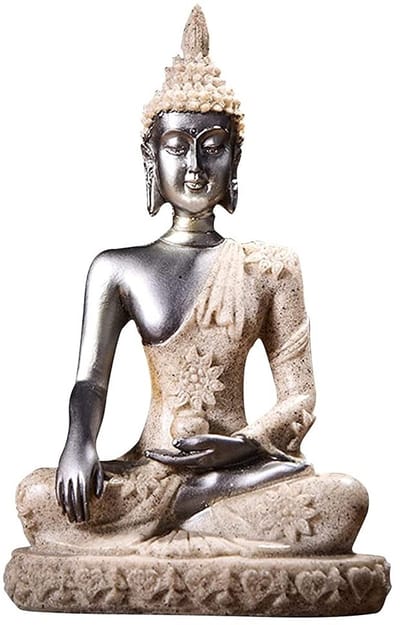 Dailygoods- Boeddha Standbeeld Zandsteen - Meditatie Beeldje - Hand Gesneden Sculptuur - Zwart/Goud - Decoratief Element - Inspirerende Godheidsfiguur - Beeldhouwwerk