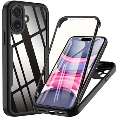 Zwart transparant telefoon hoesje geschikt voor iPhone 16 – schokbestendige case met voor en achterkant bescherming – full body cover – harde rand en doorzichtig design – dames en heren
