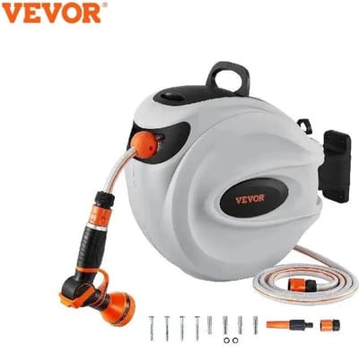 Tuinslang automatisch intrekbaar - 20 Meter - 12 mm - Haspel - 180 graden draaibaar - Grijs - 9 Sproeistanden - Heavy Duty - PVC - 6.8 kg - Muurbevestiging