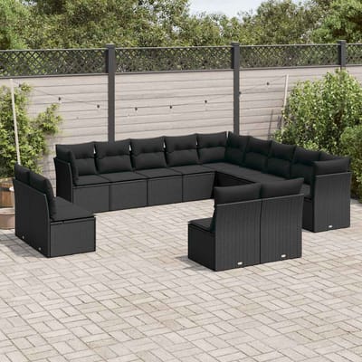 vidaXL - 13-delige - Loungeset - met - kussens - poly - rattan - zwart