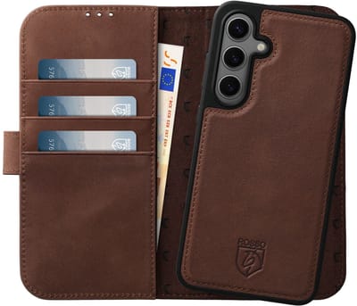 Rosso Elite Hoesje Geschikt voor Samsung Galaxy S24 | Compatibel met MagSafe | Book Case en Back Cover | Magnetisch Uitneembaar | Echt Leer Beschermhoes met Pasjeshouder | Bruin