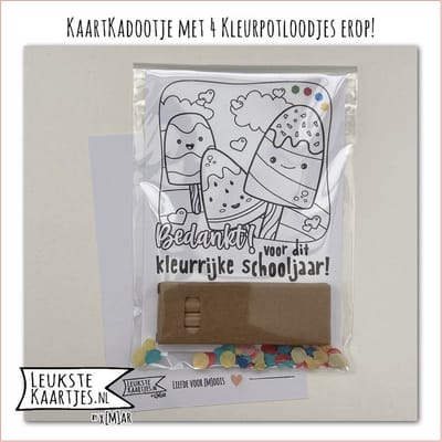 Kaartkadootje -> Kleurpotloodjes - Schooljaar - No:02 (Bedankt voor Kleurrijke schooljaar - Kleurplaat Zomerse ijsjes, Zwart/wit) - LeuksteKaartjes.nl by xMar