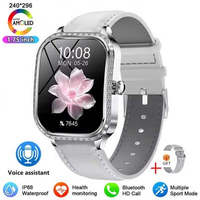 Vrouw Sport Fitness Smartwatch AI Spraakbesturing 1.75'' Volledig Touch Armband Bluetooth Bellen Waterdicht Mode Dames Smartwatch leather zilver