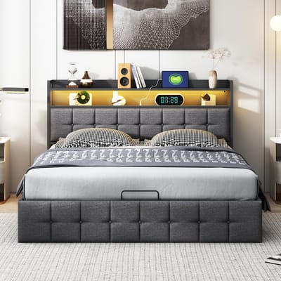Gestoffeerd Bed 160 x 200 cm met LED-verlichting en USB-oplaadpunten, hydraulisch tweepersoonsbed met opbergruimte, linnen stof, houten latten, grijs