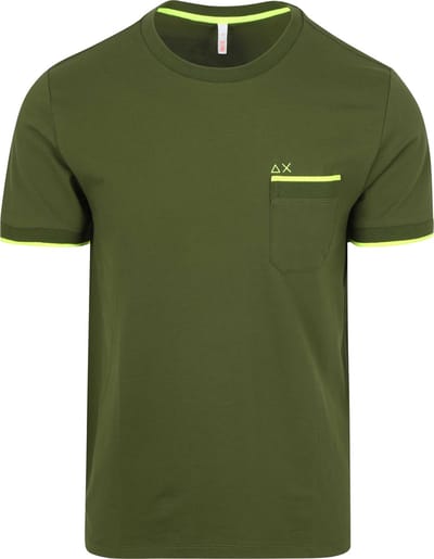 Sun68 Piqué T-Shirt Fluo Stripe Army Groen - Maat XL - Heren