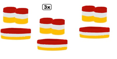 3x Zweetbandjes set rood/wit/geel 3-dlg- sport zweetband thema feest optocht festival