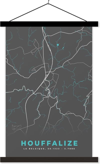 Posterhanger incl. Poster 40x60 cm - Schoolplaat - Kaart – Plattegrond – Stadskaart – Houffalize – België - Grijs - Textielposter - Zwarte latten - Stadskaart