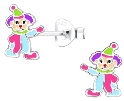 Joy|S - Zilveren clown oorbellen - 6 x 9 mm - multicolor - pipo oorknoppen - kinderoorbellen