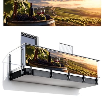 Balkonscherm 300x80 cm - Balkonposter Wijn - Druiven - Heuvels - Landschap - Balkon scherm decoratie - Balkonschermen - Balkondoek zonnescherm