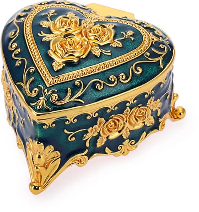 Ibenzoa® Exclusieve blauwe metalen sieradendoos met gouden bloemenpatroon en hartvormig ontwerp