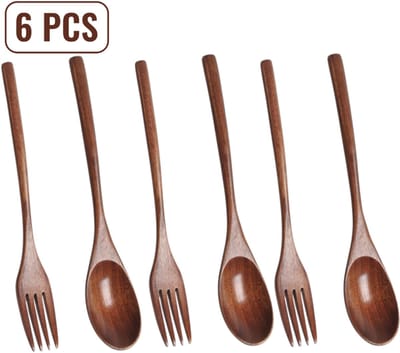 6 stuks - Houten bestekset van - 3 lepels + 3 vorken - Herbruikbare keukenbenodigdheden van natuurlijk hout - Perfect voor dagelijks gebruik - Lichtgewicht en duurzaam voor thuis, picknicks, lunchboxen of kamperen
