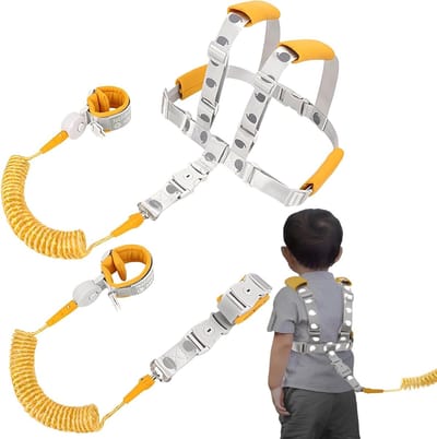 Veiligheidsriem voor Kinderen, 2.5 Meter Lange Anti-Verlies Lijn, 2-in-1 Polsband met Vergrendeling en Afneembare Armband in Geel, Ideaal voor Wandelen en Speeltijd