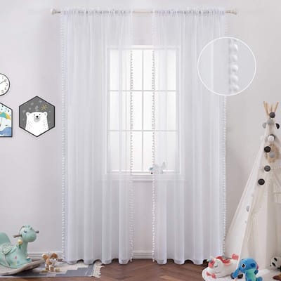 Set van 2 Witte Vitrage Gordijnen met Pompons - Lichtdoorlatend voor Woonkamer en Slaapkamer