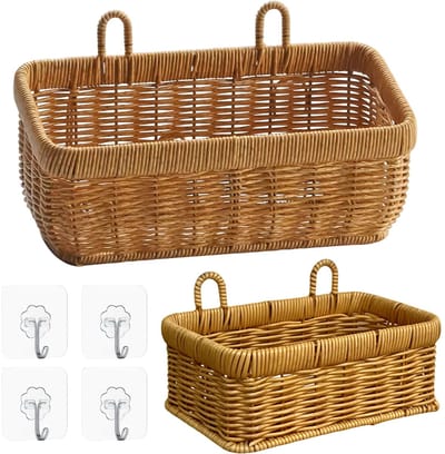 2 stuks opbergmanden, gevlochten van rotan, wandhouder, organizer, hangende opbergmand, container, decoratief, voor woonkamer, slaapkamer en kantoor