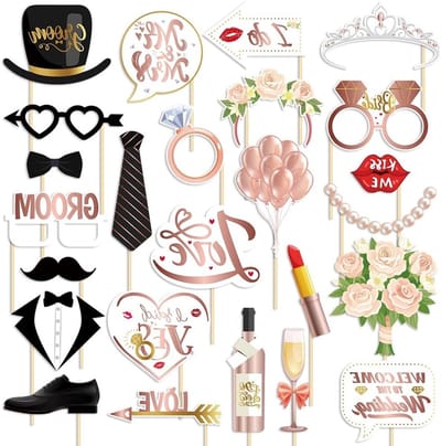 25 Stuks Bruiloft Fotobooth Props - Feestaccessoires voor Huwelijk, Verloving en Vrijgezellenfeest (Roze & Zwart, Bruid en Bruidegom)