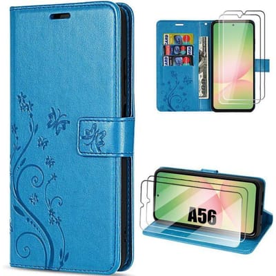 Hoesje voor Samsung Galaxy A56 5G - BOOLING - Schokbestendig Synthetisch Leer Bloemenreliëf - Blauw - 2 Gehard Glas blauw