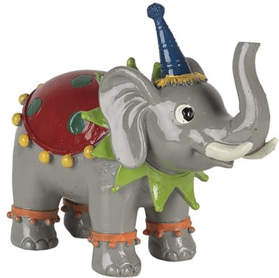 Een vrolijke en bijzondere olifantje om je in je huis te zetten 13x6x11cm. Vanwege de leuke feestmuts kan deze kunststof circus olifant ook leuk als cadeau worden gegeven aan iemand die jarig is. Natuurlijk ook leuk om voor uzelf te kopen.