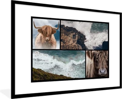 Fotolijst incl. Poster - Schotse Hooglander - - Stenen - Zee - 120x80 cm - Posterlijst