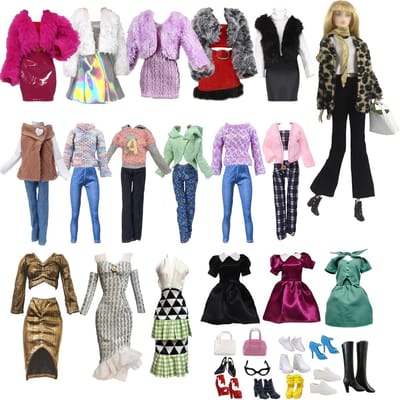 Complete set met 19 stuks poppenkleding en accessoires, inclusief jassen, rokken, truien, schoenen en tas voor 11,5 inch poppen