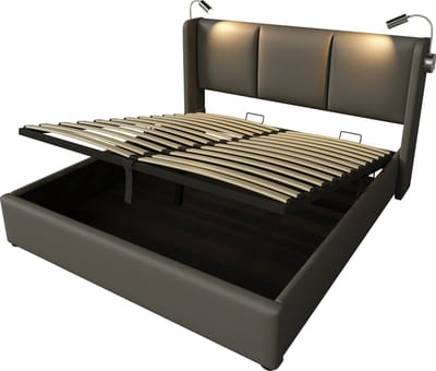 Merax Gestoffeerd Tweepersoonsbed met Opbergruimte en Leeslamp - Kunstleer Bed met USB Oplaadfunctie - PU Bedframe 140x200 - Grijs