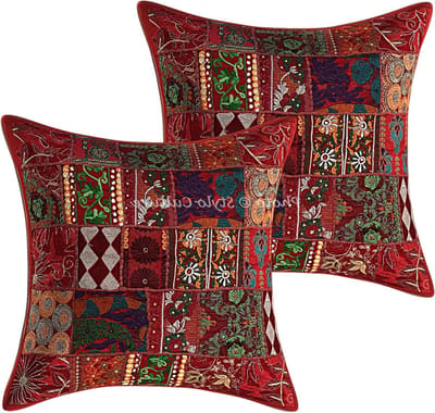 Stylo Cultuur Indische Decoratieve Grote Kussenhoezen 24x24 Inches Set Van 2 Maroon Vintage Stof Patchwork Katoen Slaapbank Gooi Kussenhoezen Bloemen 60x60 cm Kussenslopen