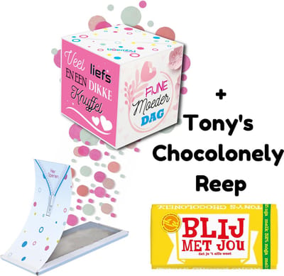 Boemby - Moederdag Cadeautje - Exploderende Confettikubus - Moederdag kaart - Tony's chocolade cadeau - Liefste Mama - Moederdag geschenkset - Brievenbus Cadeau - Moederdag cadeau voor mama - Origineel en Uniek