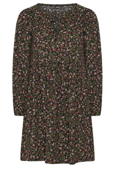Yours Zwarte Jurk Met Kleine Bloemetjes En Strikhals Size 44