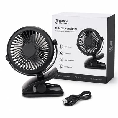 Mini Ventilator - Oplaadbaar - Met Clip - 3 Standen - Draadloos - USB - Zwart