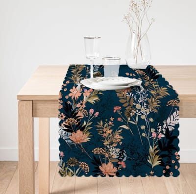 Bedrukt Velvet textiel Tafelloper 45x135cm - Bloemen op donkerblauw - Tafel decoratie woonkamer - Tafelkleden - Tafellaken