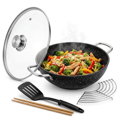 Cheqo® Wokpan Gietijzer - Wok met Glazen Deksel en Aromaknop - Inductie - PFAS Vrij - Anti-Aanbak - Marmeren Coating - voor Alle Warmtebronnen - Gas, Keramisch en Halogeen - Grillrooster, Spatel en Bamboestokjes - Wadjan - BBQ Wok