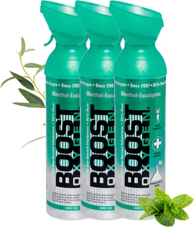 Boost Oxygen - Large 9L - Menthol-Eucalyptus - 95% Pure Zuurstof - Tot wel 600 inhalaties van 1 sec - Ademhalingsondersteuning voor sport herstel, hoogte, prestaties en gezondheid - Zuurstoffles - 3x 9L (3 pak, 27L totaal)